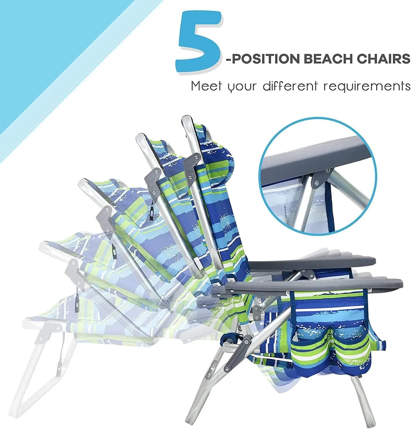 Backpack Beach Chair Set – 4 Portable Camping Chairs with Cooler Bag, Cup Holder & 5 Outdoor Recliners (Blue & Green, No Side Table)