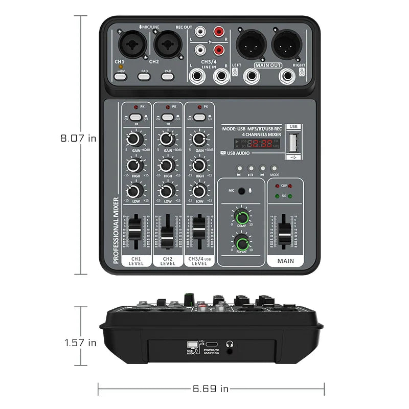 4-Channel Audio Mixer — USB Studio Mixer with 48V Phantom Power & Bluetooth for DJ & Karaoke