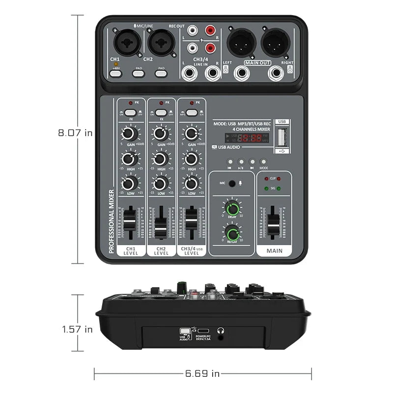 4-Channel Audio Mixer - USB Studio Sound Mixing Console with Bluetooth, 48V Phantom Power & DJ Karaoke Support