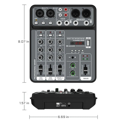 4-Channel Audio Mixer - USB Studio Sound Mixing Console with Bluetooth, 48V Phantom Power & DJ Karaoke Support