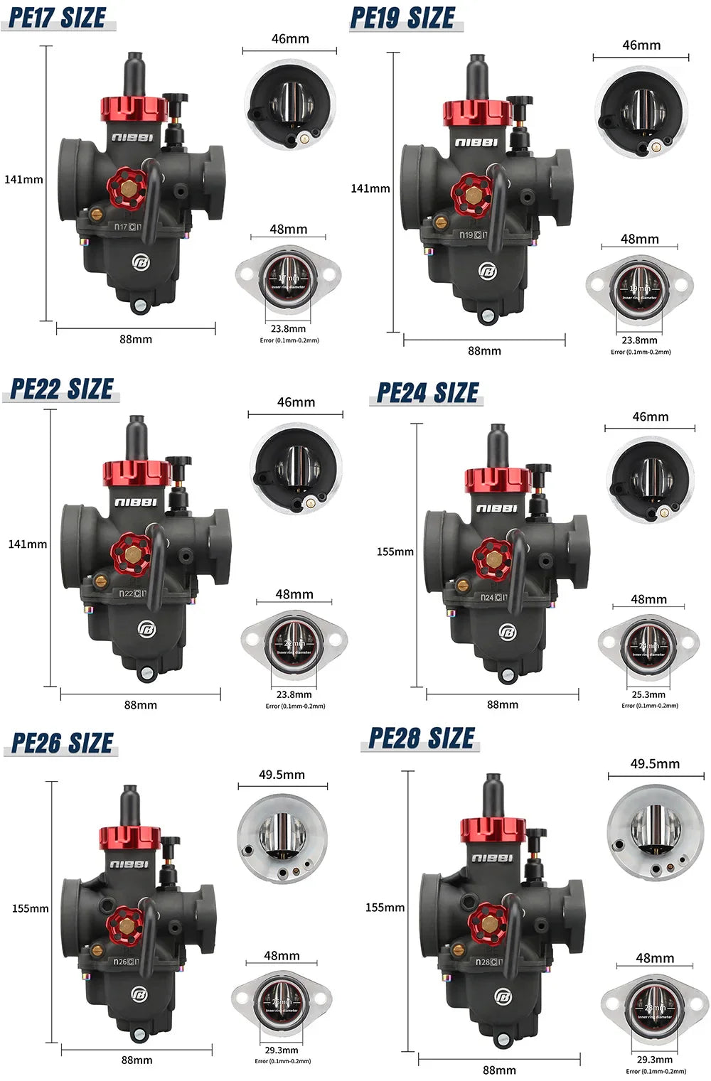 NIBBI PE Flange Carburetor for Motorcycle – 19mm-28mm 2T/4T GY6 Engine 100cc-250cc ATV Yamaha Pitbike Racing