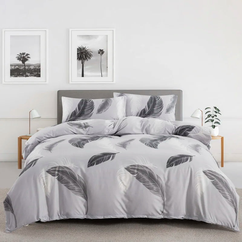 Grey Feather Duvet Cover Set – Full/Queen Boho Bird Plume Luxury Soft Reversible Comforter for Kids & Teens