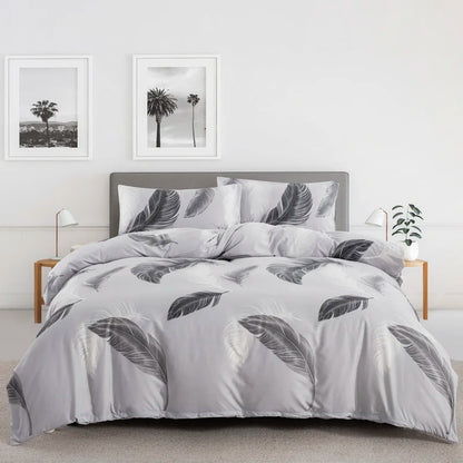 Grey Feather Duvet Cover Set – Full/Queen Boho Bird Plume Luxury Soft Reversible Comforter for Kids & Teens