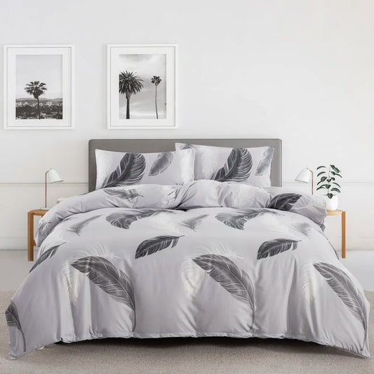 Grey Feather Duvet Cover Set – Full/Queen Boho Bedding with Soft Reversible White Comforter Cover for Kids & Teens