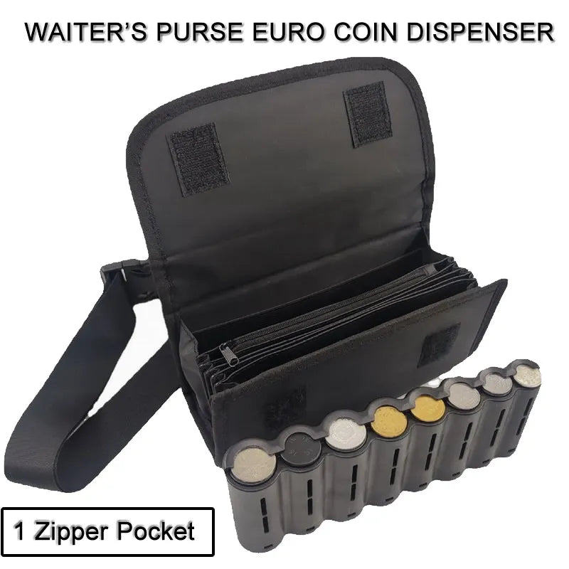 Multi-Pocket Driver Waiter's Purse - Waist Wallet with 8 Slot Euro Coin Dispenser, Coin Holder Sorter, Fanny Pack for Cash & Receipts