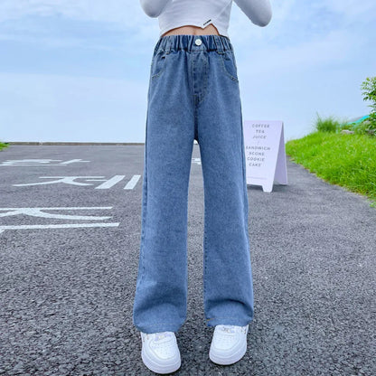 New 2024 Teenage Girls’ Blue Street Cartoon Jeans – Elastic Mid-Waist Loose Wide-Leg Denim Pants for Spring Fashion