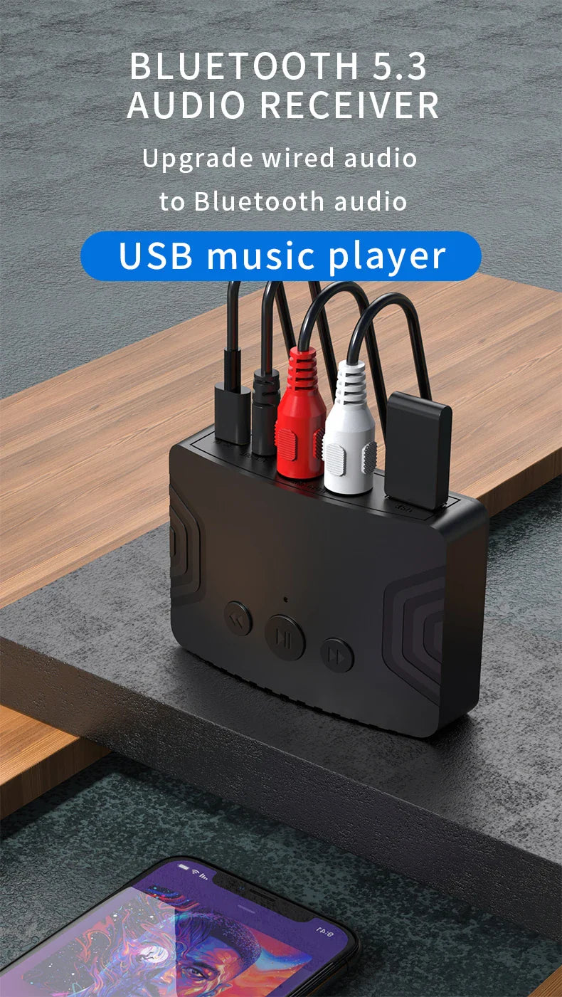 Bluetooth 5.3 Audio Receiver – 3.5mm AUX, RCA & USB Wireless Music Adapter for Car & Speaker