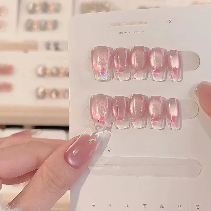 10Pcs Handmade Press-On Nails – Cute Flower & Butterfly Design with Glossy Diamond Full Cover Acrylic Tips