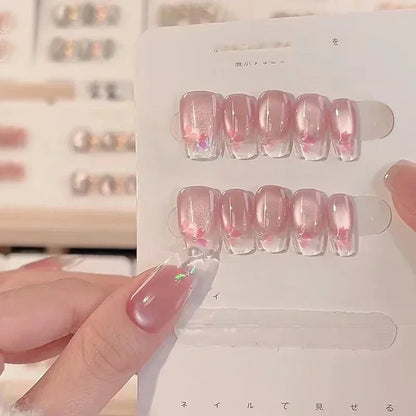 10Pcs Handmade Press-On Nails – Cute Flower & Butterfly Design with Glossy Diamond Full Cover Acrylic Tips