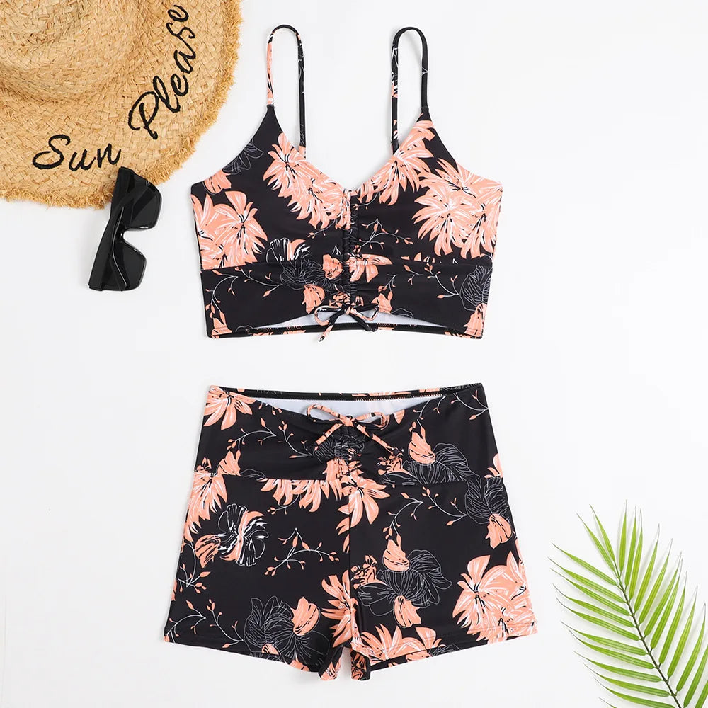 2025 Women’s High Waist Floral Bikini – Push-Up Swimsuit with Printed Boxers, Swim Trunks & Bathing Suit