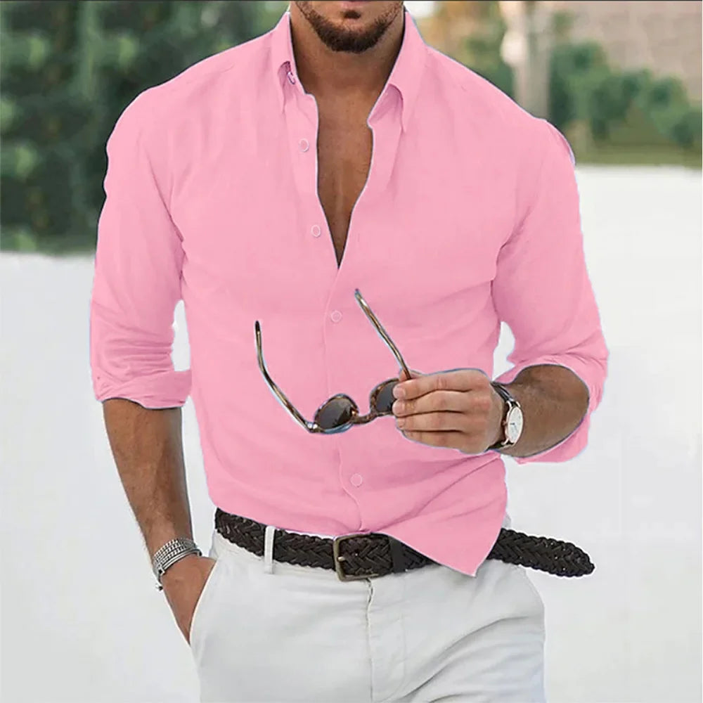 Men’s Cotton Linen Long Sleeve Shirt - Loose Fit Solid Color Casual Lapel Streetwear Top for Autumn