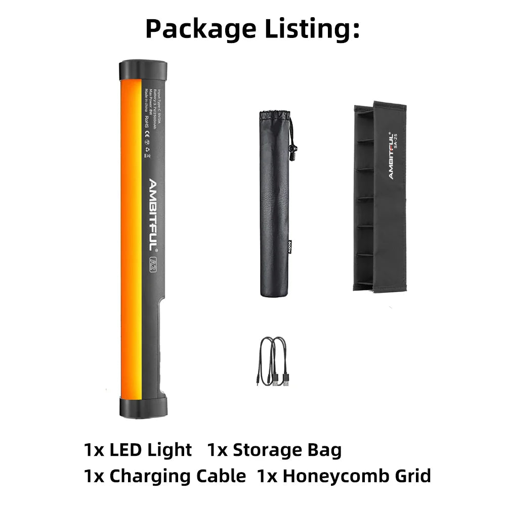 AMBITFUL A2 RGB LED Video Light Stick – 2500K-8500K Adjustable Tube Light with CRI 95+ TLCI 97, App Control, Magnetic Design & Built-in Battery