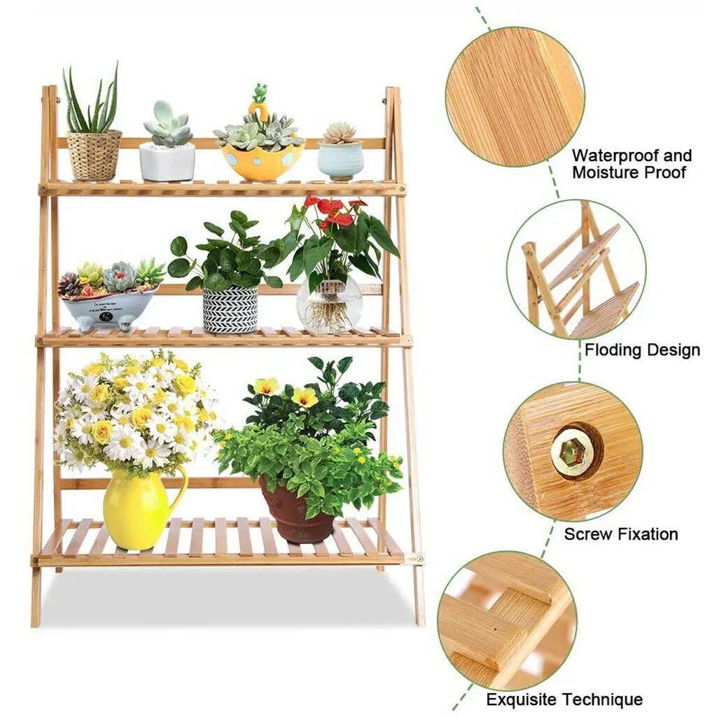3-Tier Foldable Bamboo Plant Stand Indoor Outdoor Planter Display Shelf Organizer