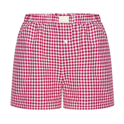 Women’s Teen Girls Elastic Waist Pull-On Red & Blue Plaid Casual Lounge Summer Shorts