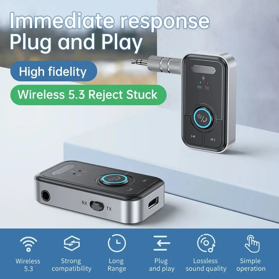 Bluetooth 5.3 Audio Adapter – Wireless Transmitter & Receiver for Car, Music, Headphones, Speakers, 3.5mm AUX