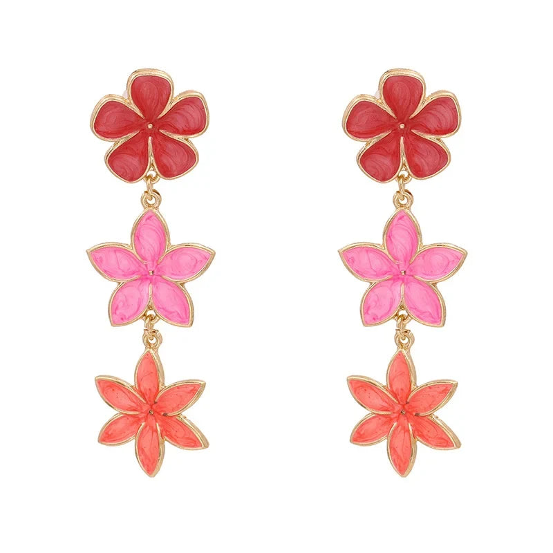 Long Flower Enamel Drop Earrings - Colorful Metal Petal Dangle Party Jewelry for Women