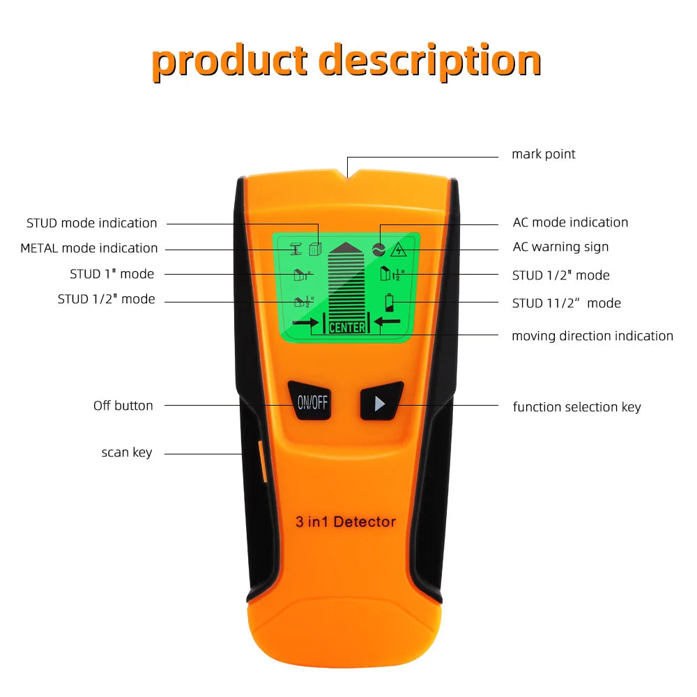 3-in-1 Wall Metal Detector – Professional Deep Scan for Metal, Wood Studs, AC Voltage & Live Wires