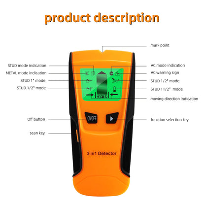 3-in-1 Wall Metal Detector – Professional Deep Scan for Metal, Wood Studs, AC Voltage & Live Wires