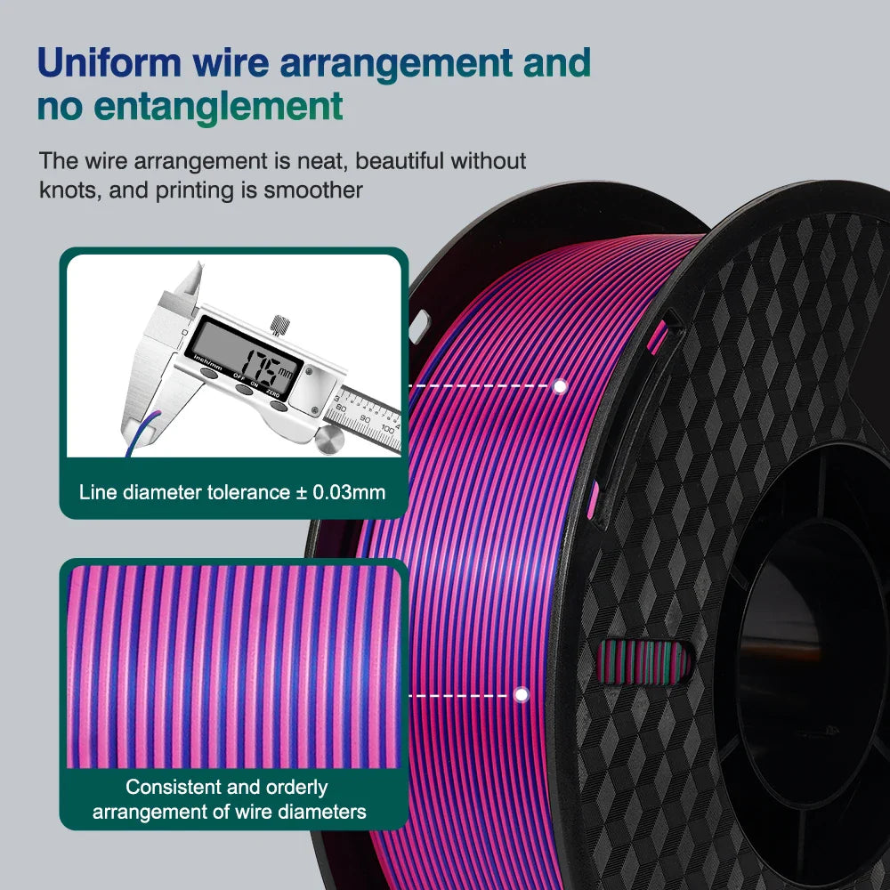 Tri-Color Dual-Color Silk Rainbow PLA Filament 1.75mm – Accurate +/-0.03mm, Compatible with Most FDM 3D Printers