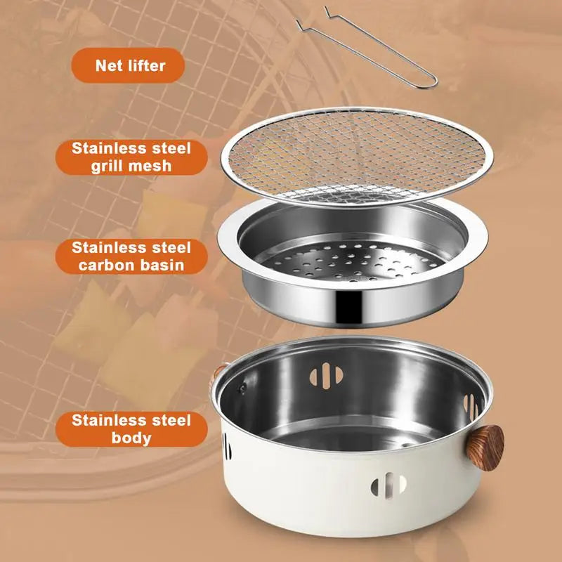 Portable Korean Charcoal BBQ Grill - Stainless Steel Split Stove, Non-stick Round Rack - Ideal for Outdoor Camping