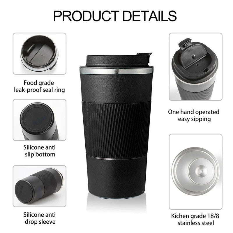 380ml/510ml Stainless Steel Coffee Mug – Thermal Travel Mug, Non-Slip Insulated Bottle for Car & Cafe