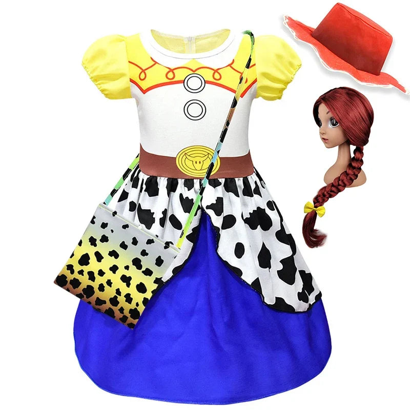 Kids Cowgirl Costume Dress - Girls Cartoon Print Short Sleeve Halloween Cosplay Party Outfit