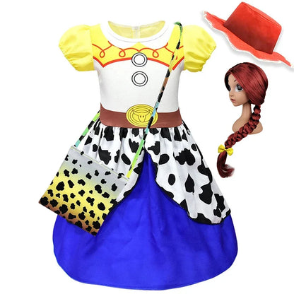 Kids Cowgirl Costume Dress - Girls Cartoon Print Short Sleeve Halloween Cosplay Party Outfit