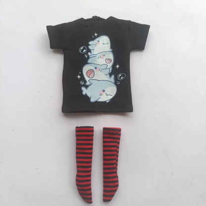 Handmade OB24 1/6 Blyth Doll Clothes – Cartoon T-Shirt with Striped Socks for 1/6 Doll Accessories