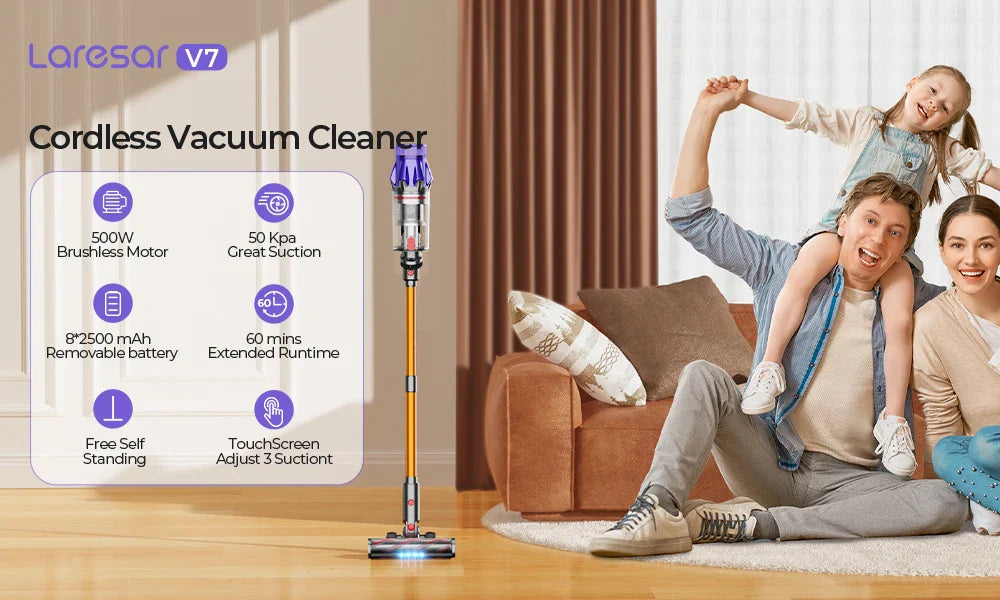 Laresar V7 500W Cordless Handheld Vacuum Cleaner – 50000Pa Suction Power, 60 Min Runtime, Smart Home Dust Cup Cleaner