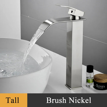 Bathroom Basin Sink Faucet - Deck Mount Waterfall Spout Tap with Single Handle, Hot & Cold Water Mixer for Vanity Washbasin