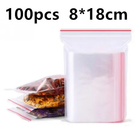 100pcs 50 Micron Clear PE Zip Lock Bags – Reclosable Plastic Pouches for Candy, Cookies & Dried Fruits