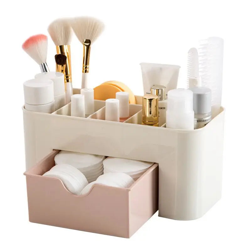 Acrylic Makeup Organizer Box - Cosmetic Storage Drawer with Lipstick, Brush & Cotton Swab Holder