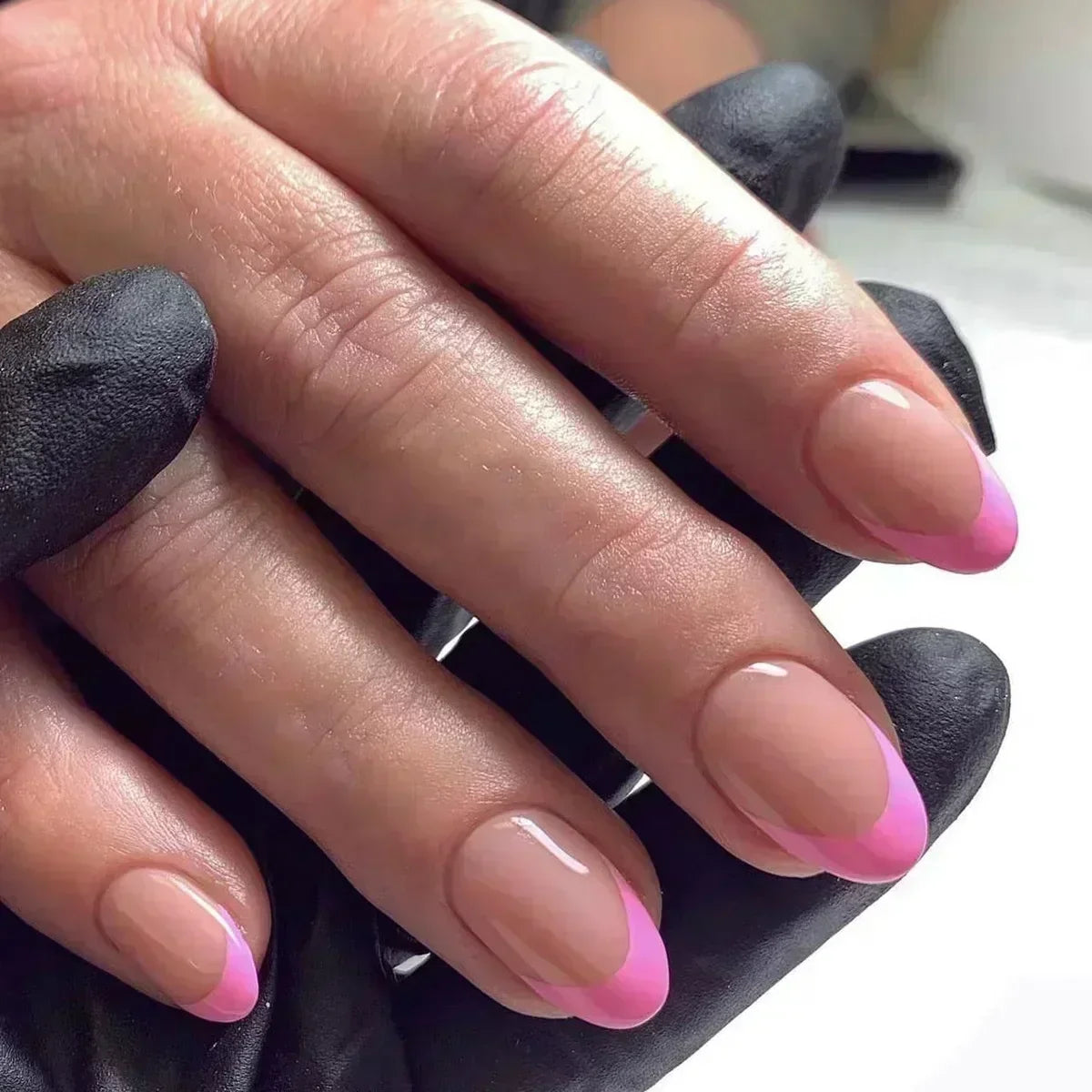 24Pcs French Press On Nails - Almond Fake Nail Tips with Glue, White Edge Design & Pink Stiletto Style Manicure Set
