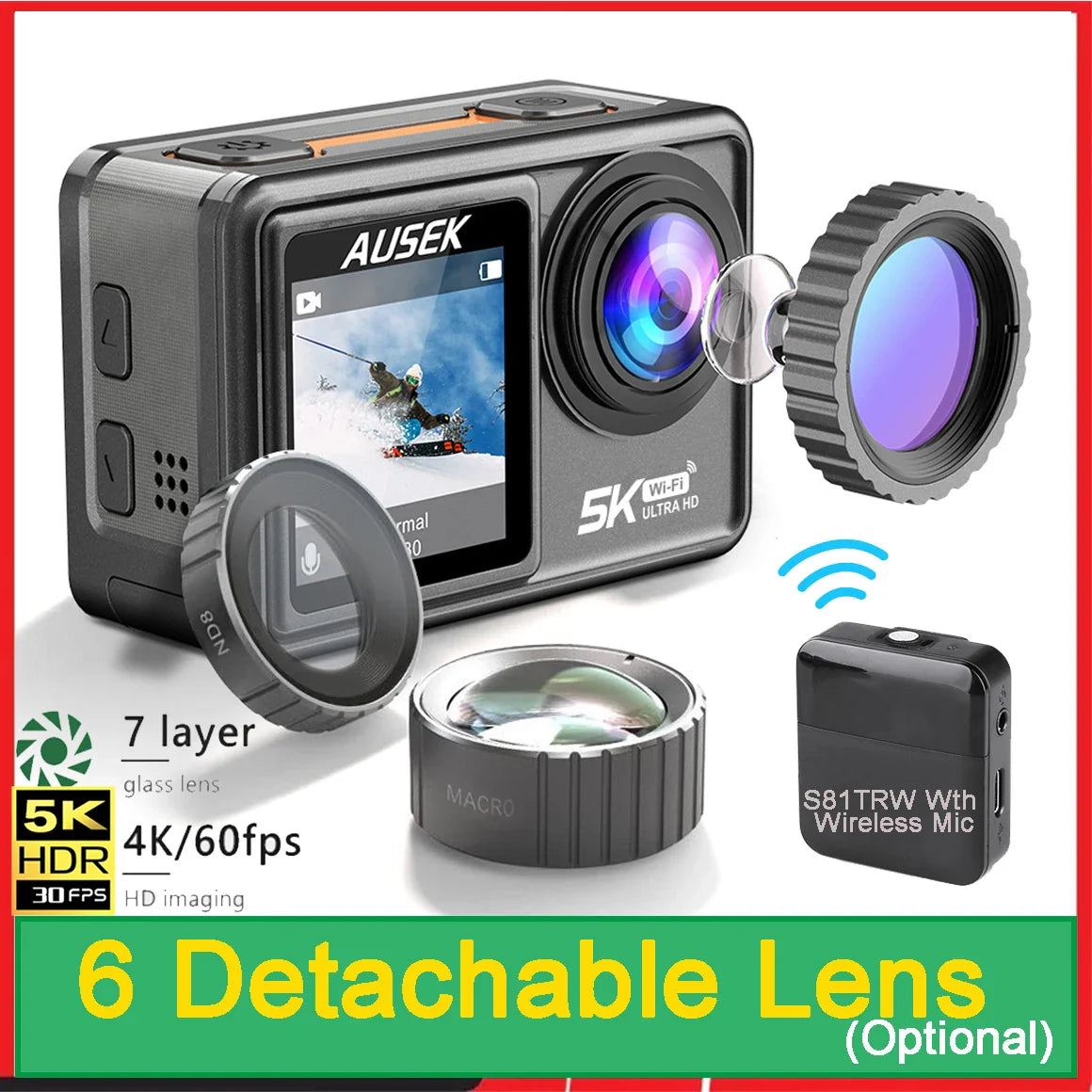 AUSEK S81TRW 5K Action Camera – 4K60FPS, 48MP, EIS, 5X Zoom, 1080P Webcam, Wi-Fi Vlog Sports Cam with Remote & Optional Filters