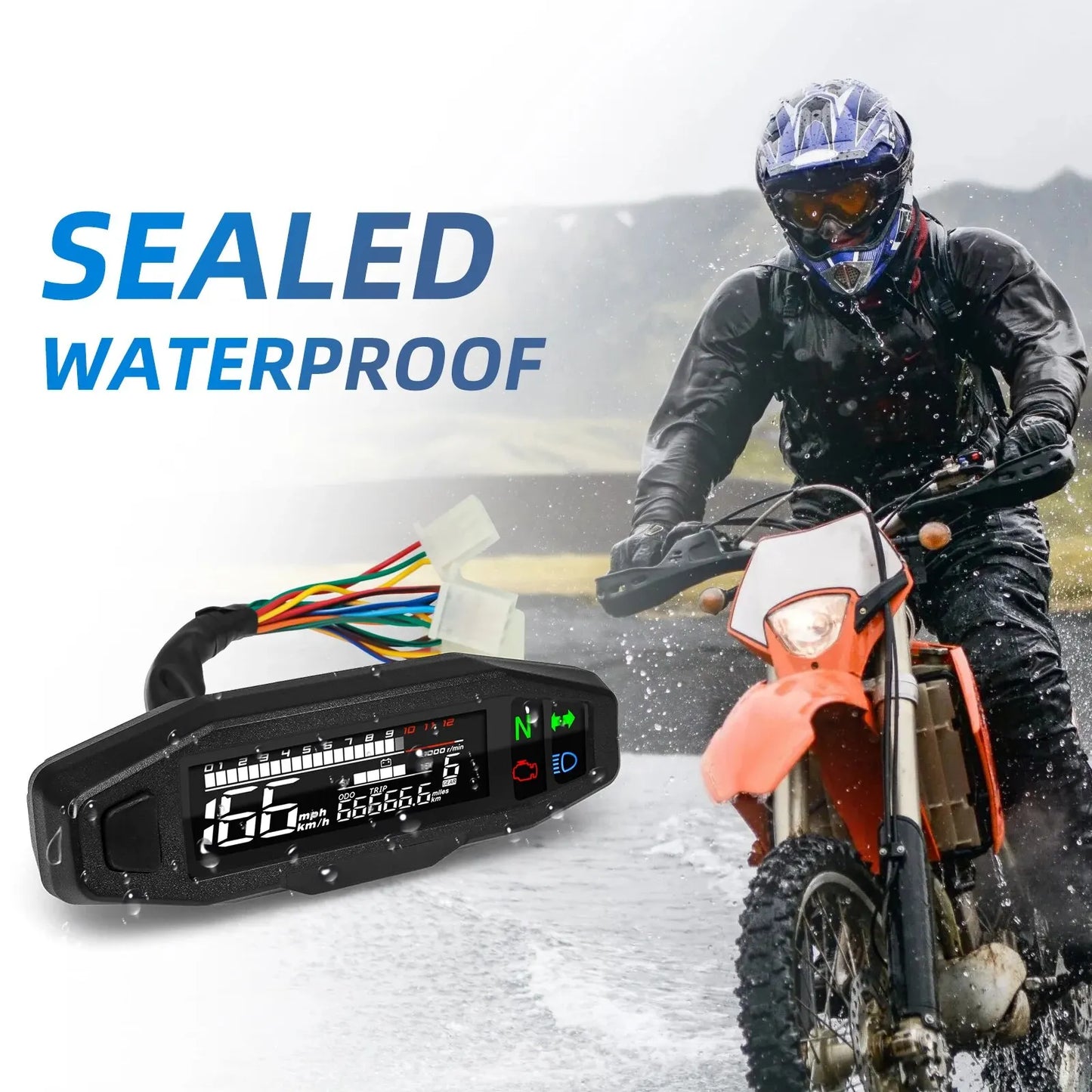 AD Universal Motorcycle Digital Speedometer – LED Tachometer Dashboard Instrument Panel with LCD Display & Y Bracket