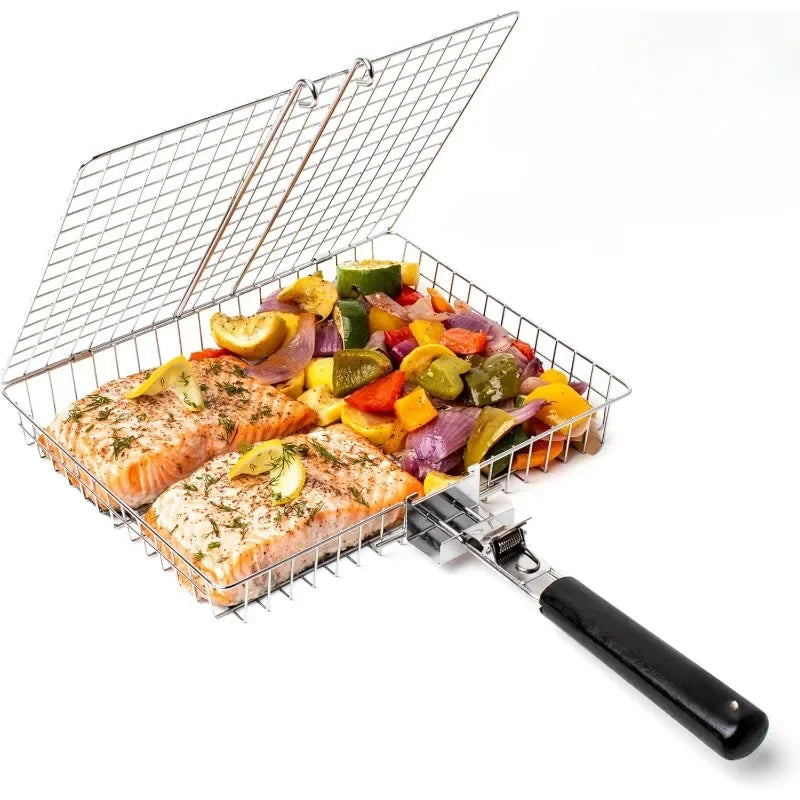 Large Stainless Steel Grill Basket – Folding BBQ Rack for Fish, Portable Outdoor Camping & Cooking Accessories