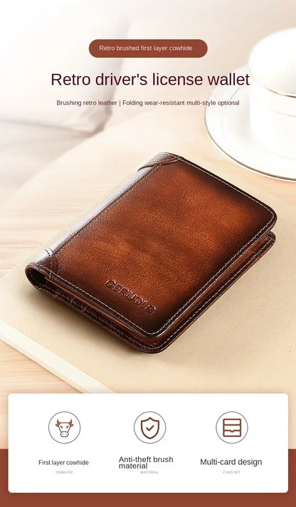 Genuine Leather Men’s Wallet – RFID Blocking Trifold, Vintage Thin ID & Credit Card Holder, Multi-Function Purse