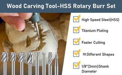 10Pcs HSS Rotary File Set for Metal & Woodworking – High-Speed Steel Milling Cutters Rat-Tail Rotary Burr Tool Kit for Precision Grinding