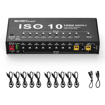 MOSKY ISO-10 Guitar Pedal Power Supply – 10 Isolated DC Outputs, 5V USB Output for 9V, 12V, 18V, Protection for Guitar Accessories