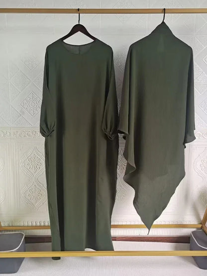 Women’s Eid 2023 2-Piece Khimar & Abaya Set – Long Islamic Prayer Dress Full Cover Hijab Ramadan Kaftan Djellaba