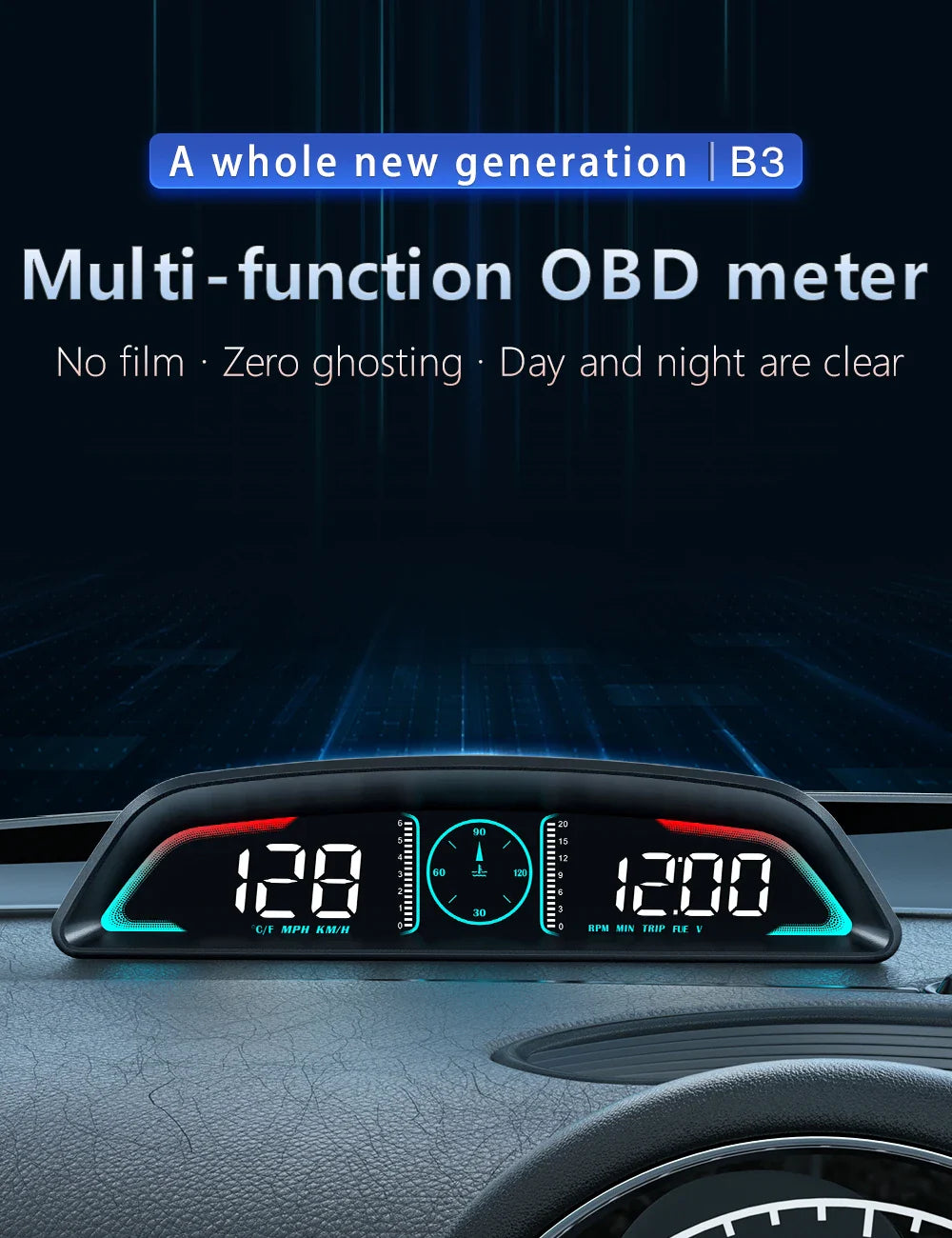 Multi OBD Meter B3 HUD – Speed, RPM, Water Temp, Fuel, Time with Overspeed, Voltage Alarm & Drive Reminder