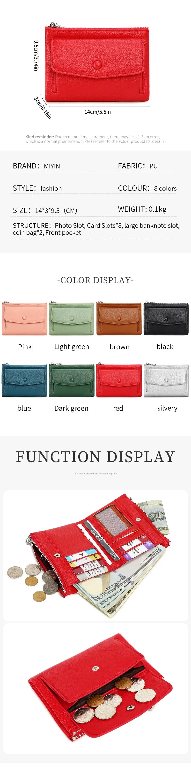 Women’s PU Leather Short Double Zipper Wallet – Simple Solid Color, Large Capacity Credit Card Holder with Coin Pocket