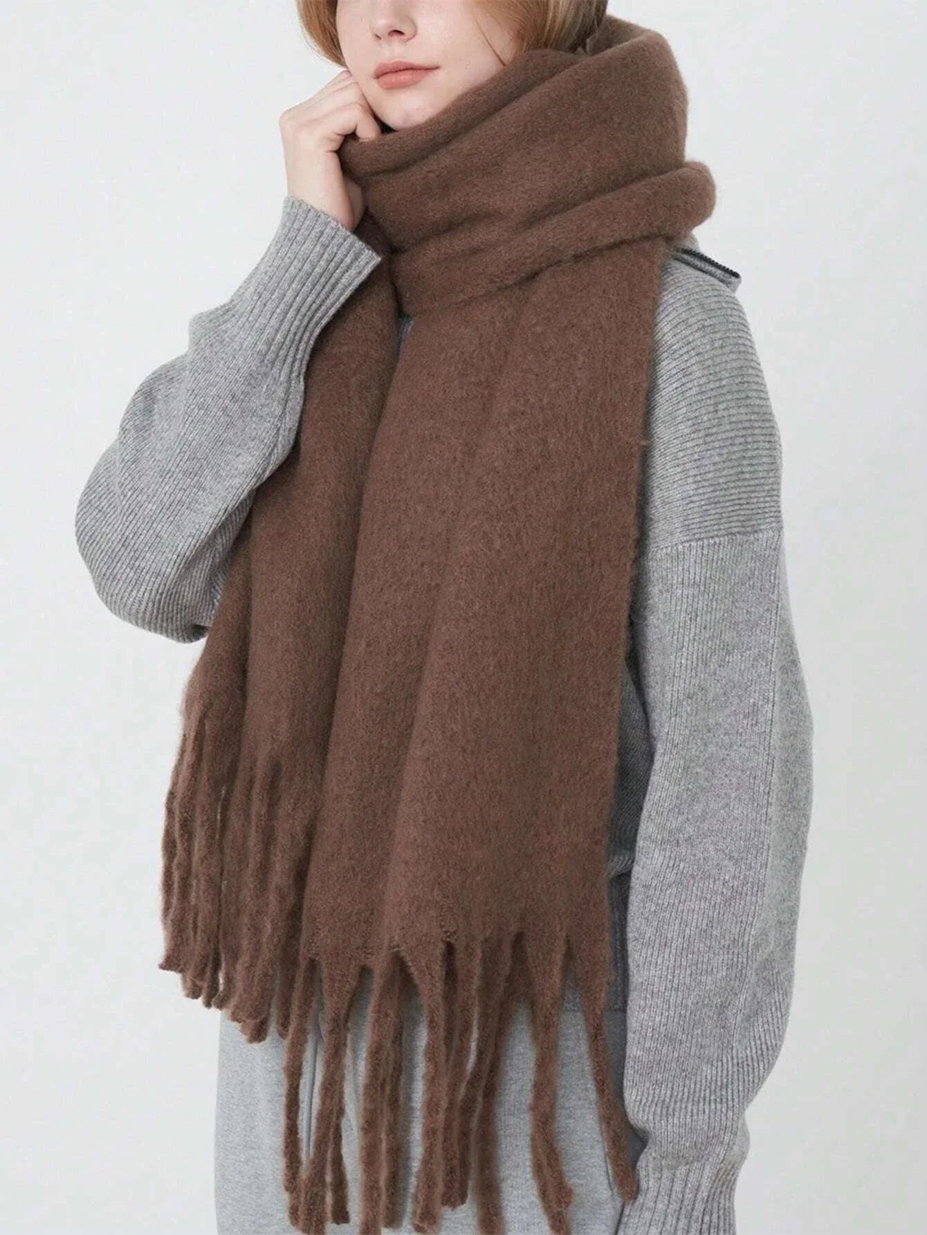 Luxury Cashmere Scarf for Women - Thickened Warm Shawl with Classic Tassels, Soft Solid Color Wrap for Autumn and Winter