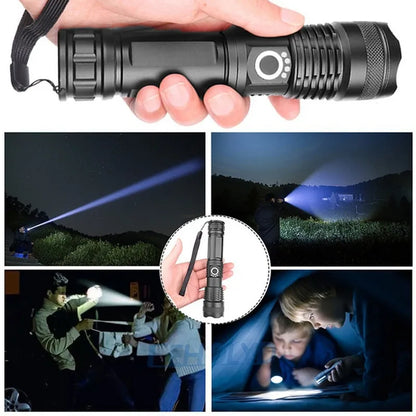 High Power XHP100 LED Flashlight - Rechargeable 4-Core Torch with Zoom, USB Hand Lantern for Camping, Outdoor and Emergency Use