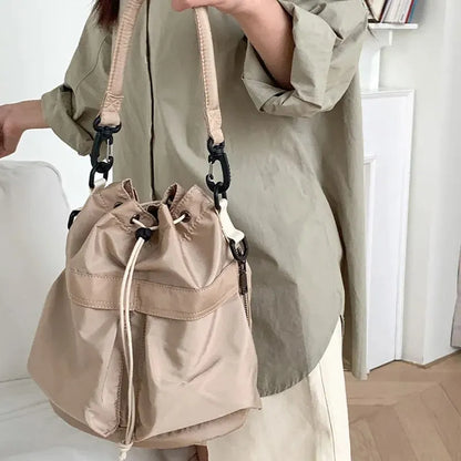 Women’s Large Capacity Nylon Tote Bag - Waterproof Shoulder & Crossbody Handbag with Drawstring Closure