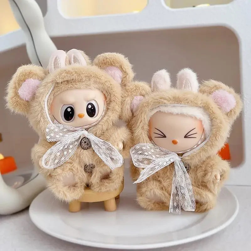 17cm Mini Plush Doll Clothes – Outfit Accessories for Kpop EXO Labubu Idol V1/V2, Cartoon Bear Hat & Bow Clothing Gift