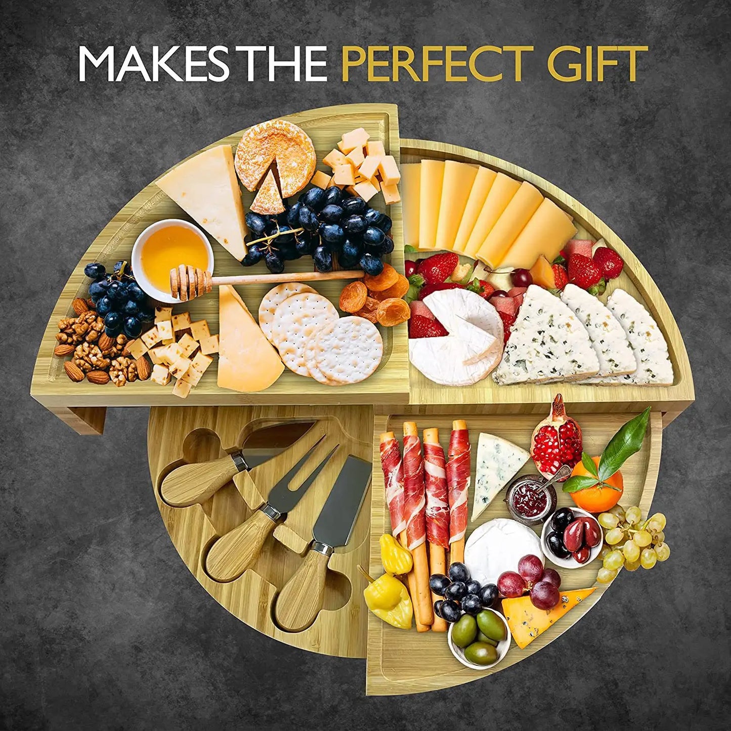 Cheese Board Cutlery Set with Slide-Out Drawer – Slicer, Fork, Scoops and Kitchen Storage Tools