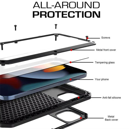 Heavy Armor Metal Rugged Case for iPhone 16/15/14/13/12/11 Pro Max/XR/XS/8 Plus – Shockproof Premium Cover with Gorilla Screen Protector