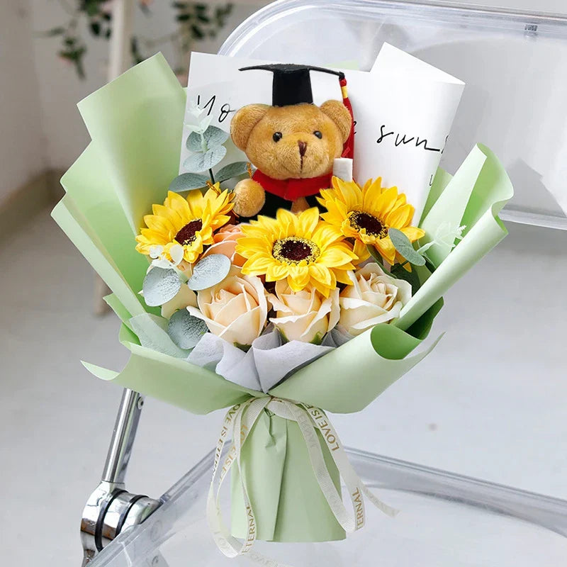 DIY Simulated Flower Bouquet – Crochet Sunflower Finished Product, Graduation, Doctoral, Valentine’s Day & Birthday Gift with Bear