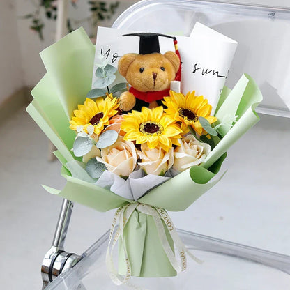 DIY Simulated Flower Bouquet – Crochet Sunflower Finished Product, Graduation, Doctoral, Valentine’s Day & Birthday Gift with Bear